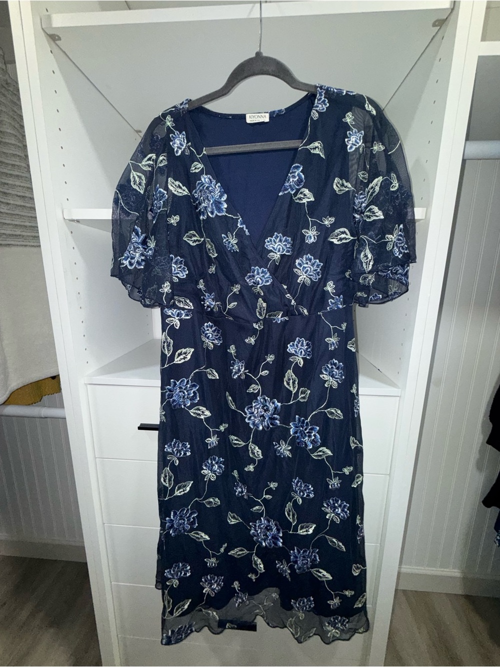 Kiyonna Navy Dress with Blue Floral Embroidery